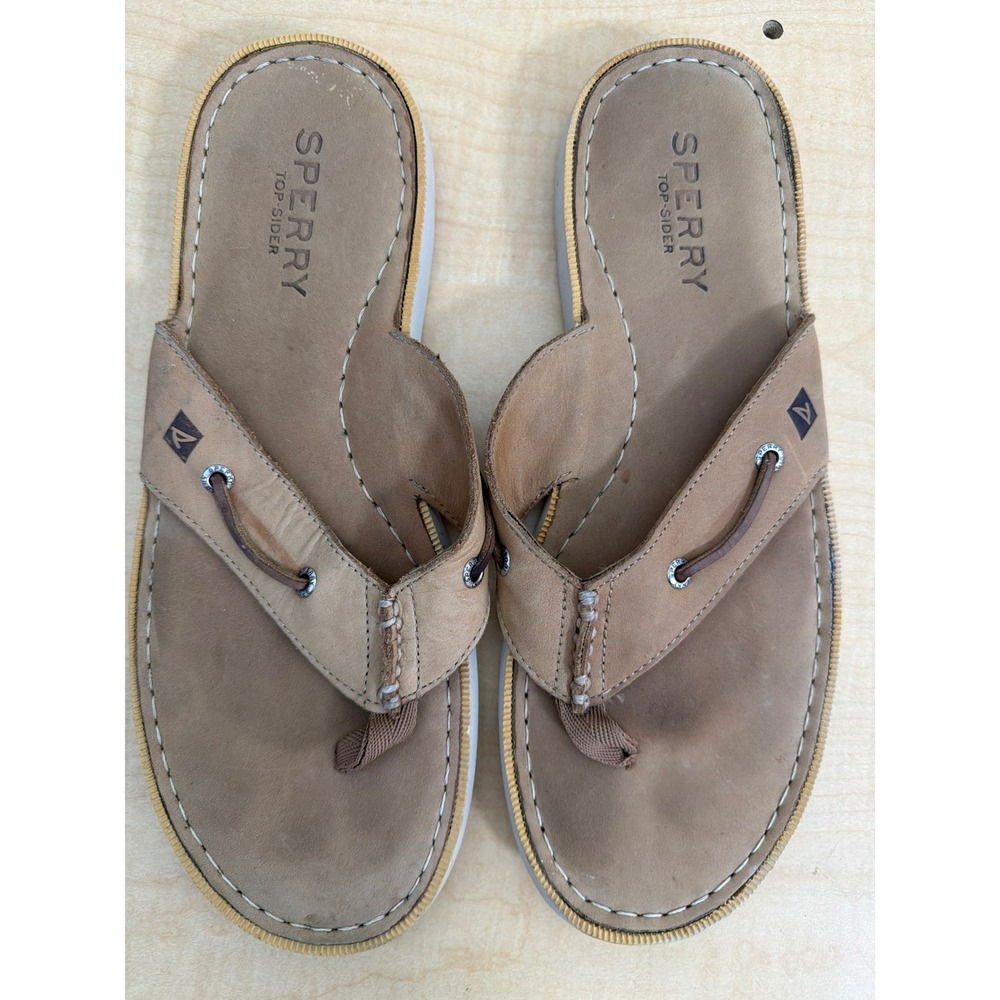 Sperry Top-Sider Mens Leather Flip Flop Sandals Tan Brown Thong Boat Shoes